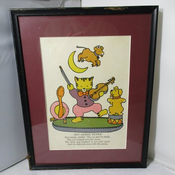 Vintage Framed Child's Nursery Rhyme Picture Print The Cat & the Fiddle - Picture 1 of 6